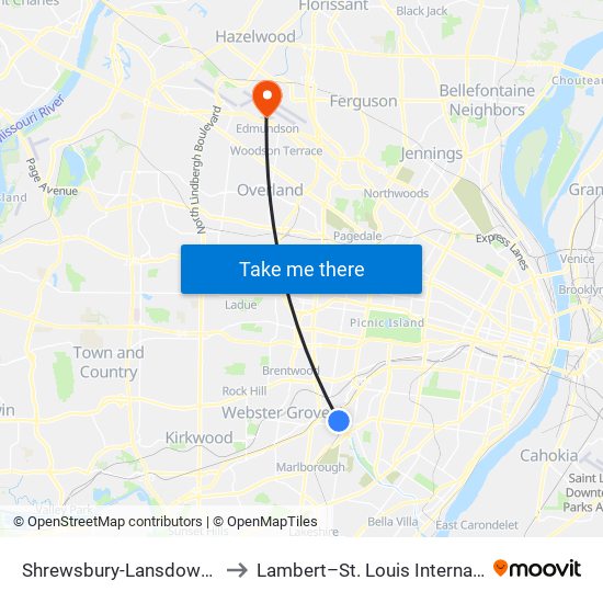 Shrewsbury-Lansdowne I-44 Transit Center to Lambert–St. Louis International Airport Terminal 1 map