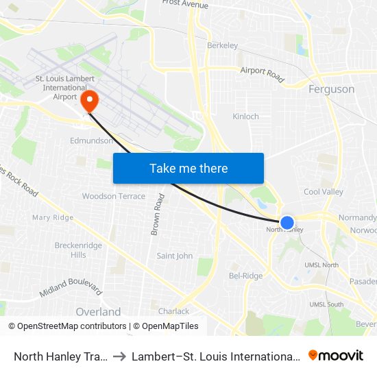 North Hanley Transit Center to Lambert–St. Louis International Airport Terminal 1 map