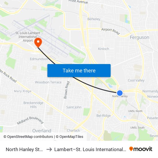 North Hanley Station to Lambert–St. Louis International Airport map