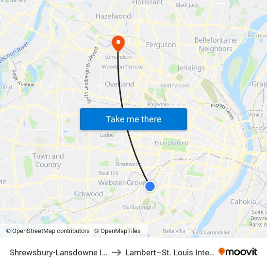 Shrewsbury-Lansdowne I-44 Transit Center to Lambert–St. Louis International Airport map