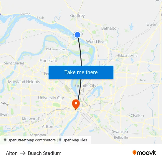Alton to Busch Stadium map