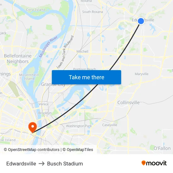 Edwardsville to Busch Stadium map