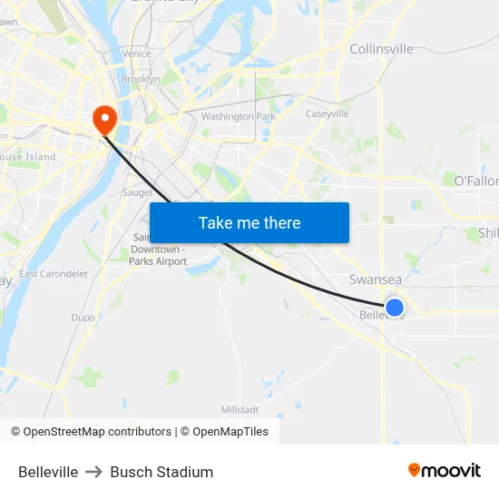 Belleville to Busch Stadium map