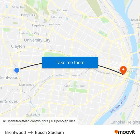 Brentwood to Busch Stadium map