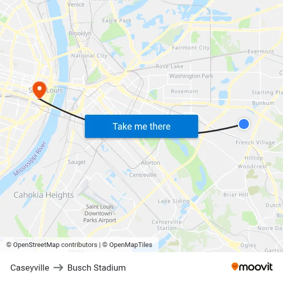 Caseyville to Busch Stadium map