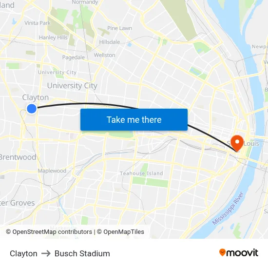 Clayton to Busch Stadium map