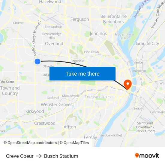 Creve Coeur to Busch Stadium map