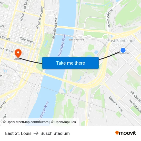East St. Louis to Busch Stadium map
