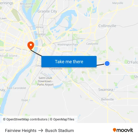 Fairview Heights to Busch Stadium map