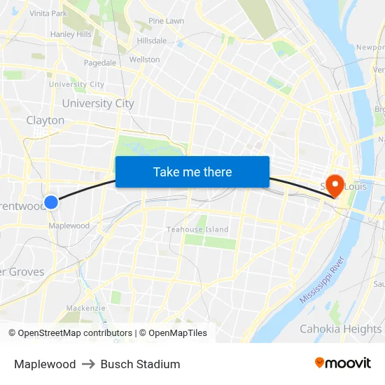 Maplewood to Busch Stadium map