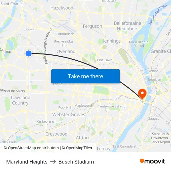 Maryland Heights to Busch Stadium map
