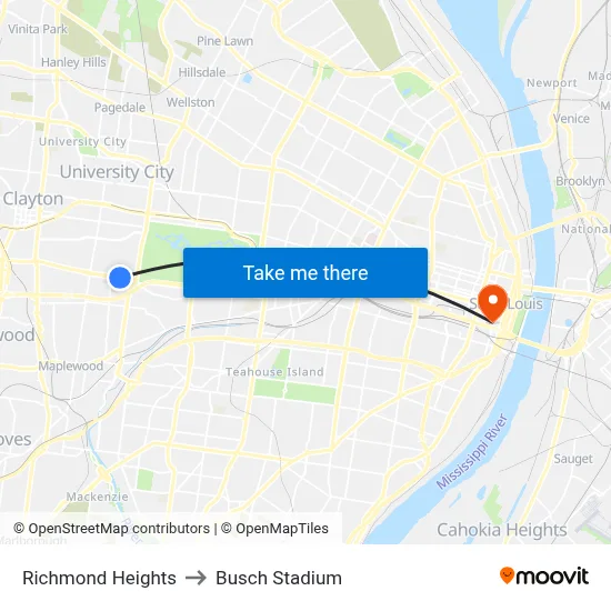 Richmond Heights to Busch Stadium map