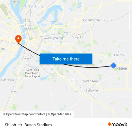 Shiloh to Busch Stadium map
