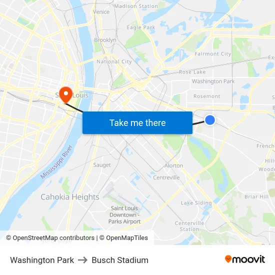 Washington Park to Busch Stadium map