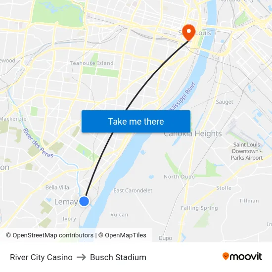 River City Casino to Busch Stadium map