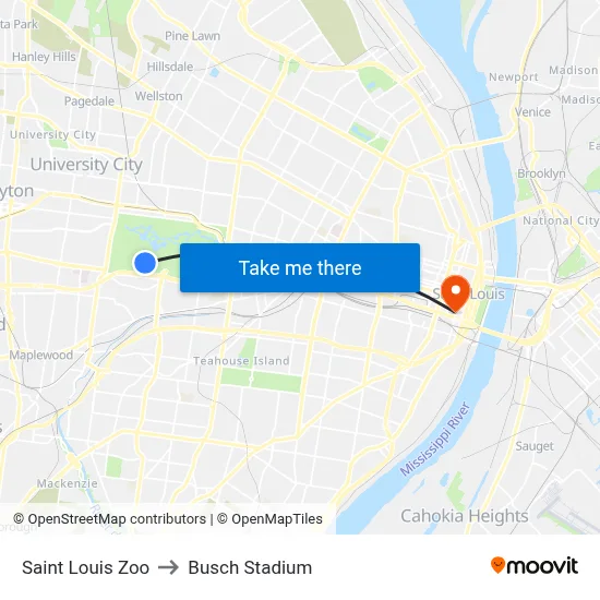 Saint Louis Zoo to Busch Stadium map