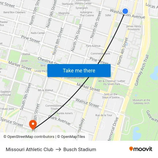 Missouri Athletic Club to Busch Stadium map