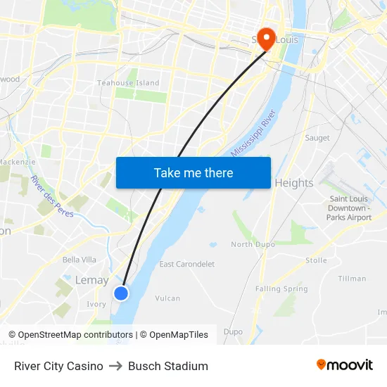 River City Casino to Busch Stadium map