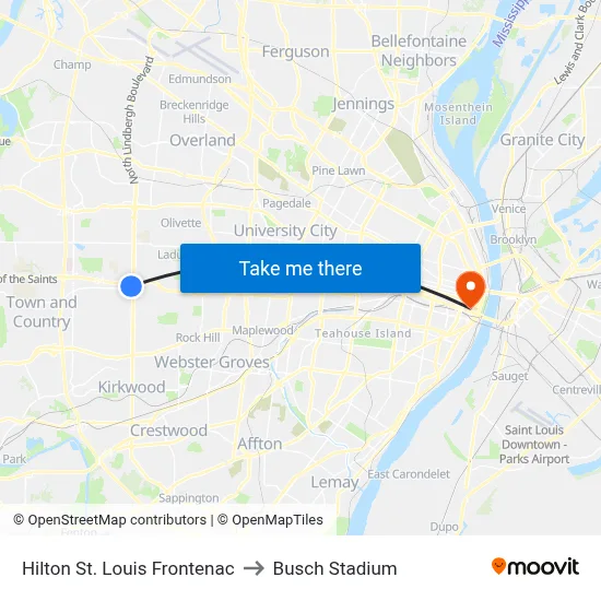 Hilton St. Louis Frontenac to Busch Stadium map