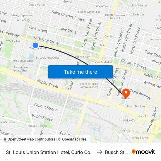 St. Louis Union Station Hotel, Curio Collection by Hilton to Busch Stadium map