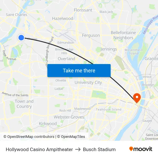 Hollywood Casino Ampitheater to Busch Stadium map
