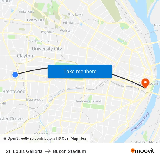 St. Louis Galleria to Busch Stadium map