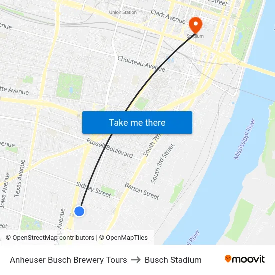 Anheuser Busch Brewery Tours to Busch Stadium map