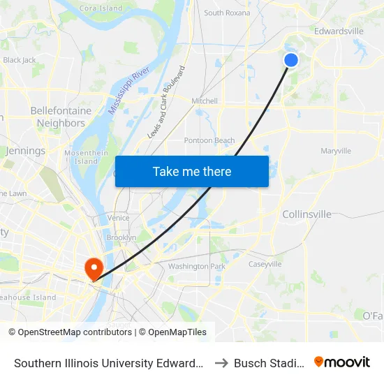 Southern Illinois University Edwardsville to Busch Stadium map