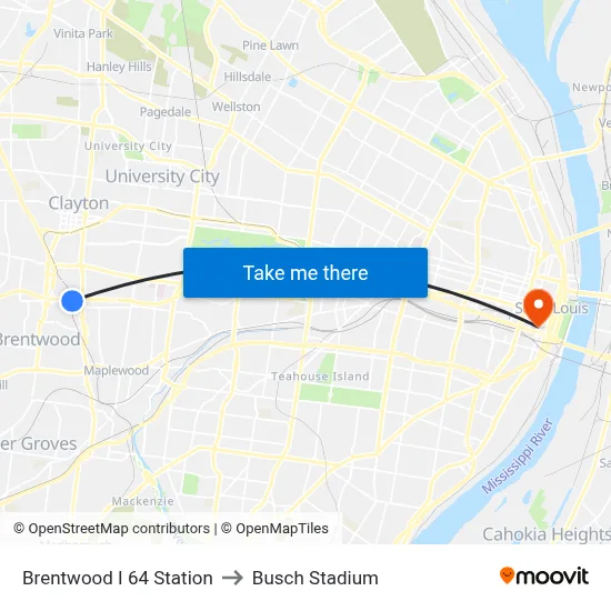 Brentwood I 64 Station to Busch Stadium map