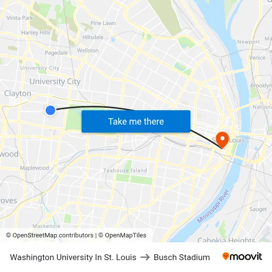 Washington University In St. Louis to Busch Stadium map