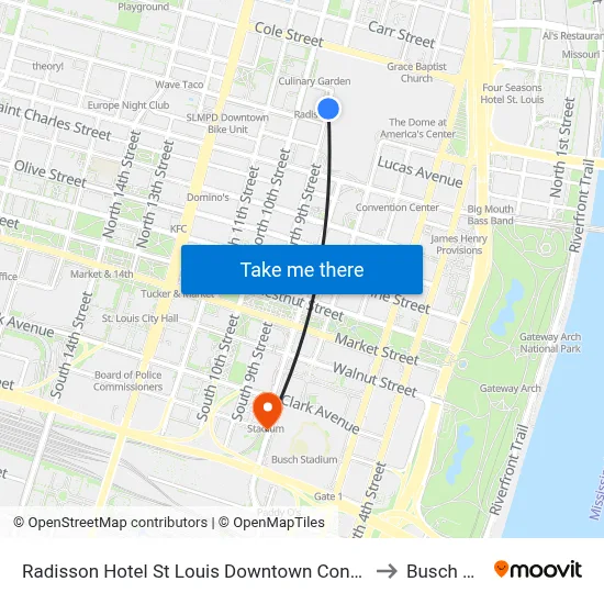 Radisson Hotel St Louis Downtown Convention Center, Saint Louis to Busch Stadium map