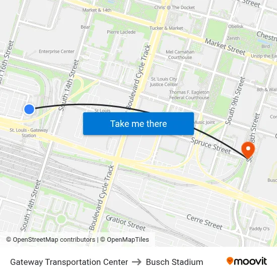 Gateway Transportation Center to Busch Stadium map