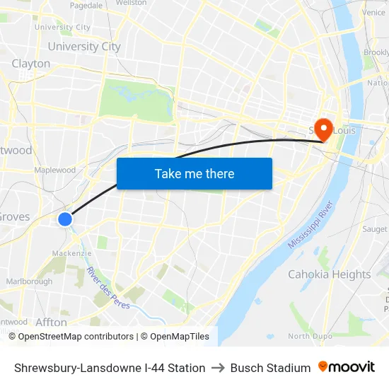 Shrewsbury-Lansdowne I-44 Station to Busch Stadium map