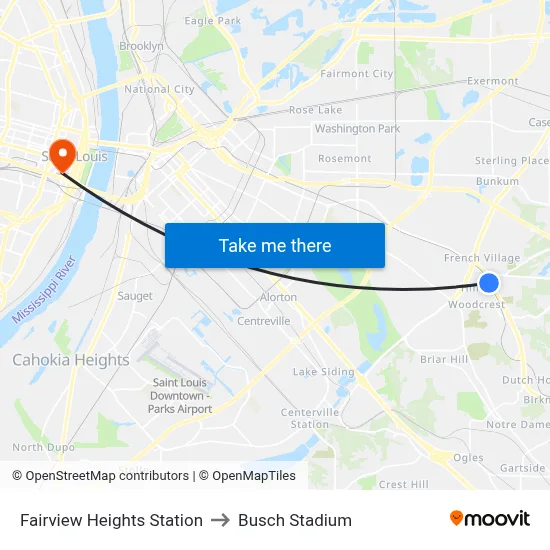 Fairview Heights Station to Busch Stadium map