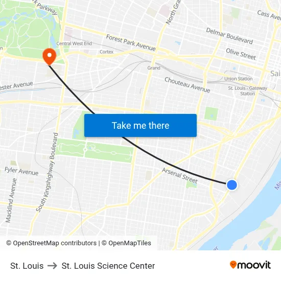 St. Louis to St. Louis Science Center map