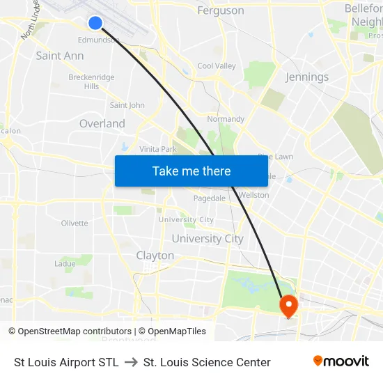 St Louis Airport STL to St. Louis Science Center map