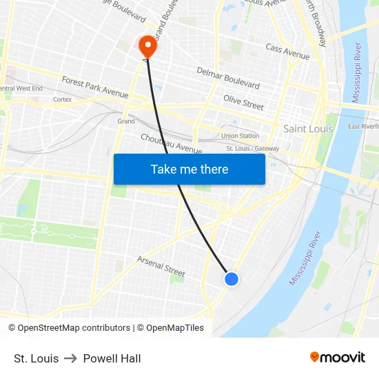 St. Louis to Powell Hall map
