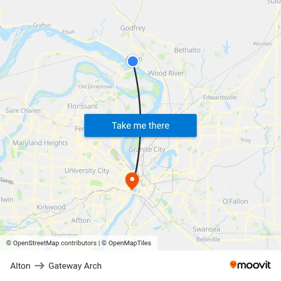 Alton to Gateway Arch map