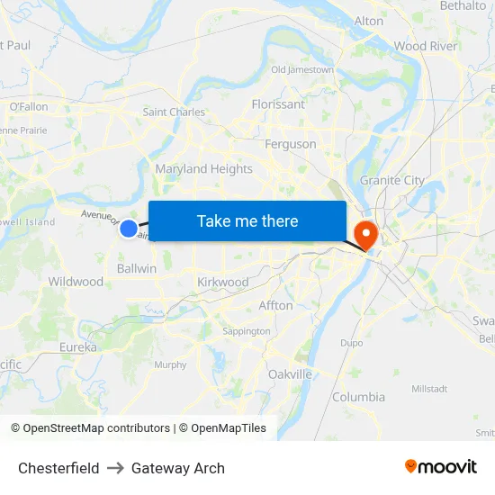 Chesterfield to Gateway Arch map