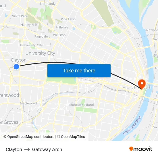 Clayton to Gateway Arch map