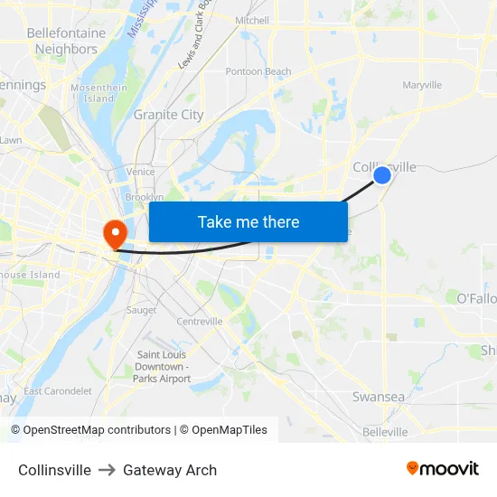 Collinsville to Gateway Arch map