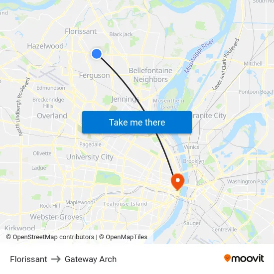 Florissant to Gateway Arch map