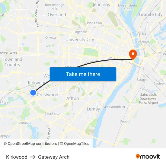 Kirkwood to Gateway Arch map
