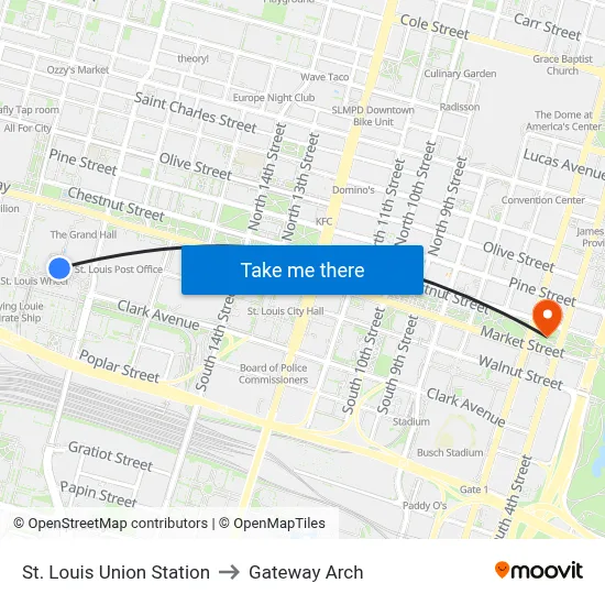 St. Louis Union Station to Gateway Arch map