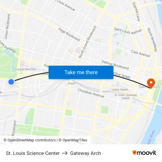 St. Louis Science Center to Gateway Arch map