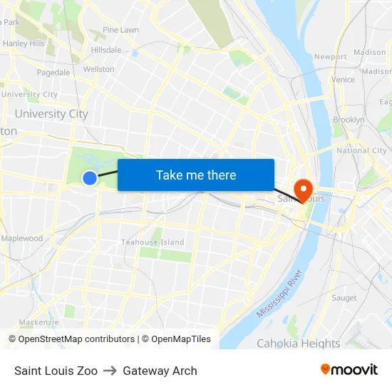 Saint Louis Zoo to Gateway Arch map
