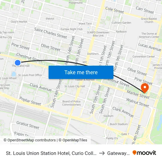St. Louis Union Station Hotel, Curio Collection by Hilton to Gateway Arch map