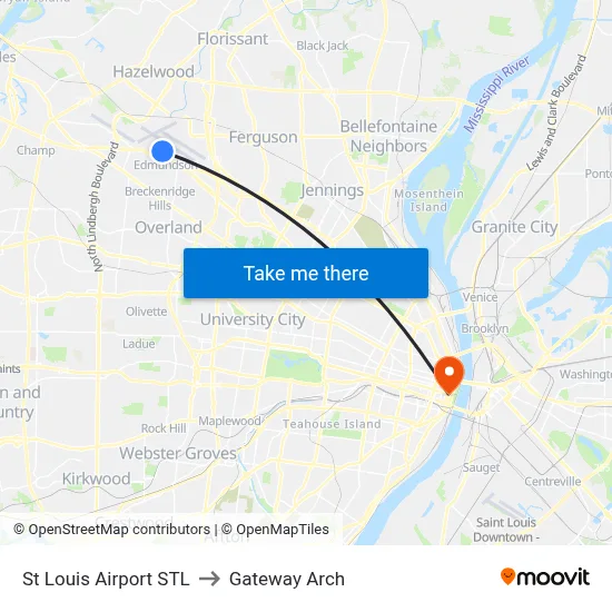 St Louis Airport STL to Gateway Arch map