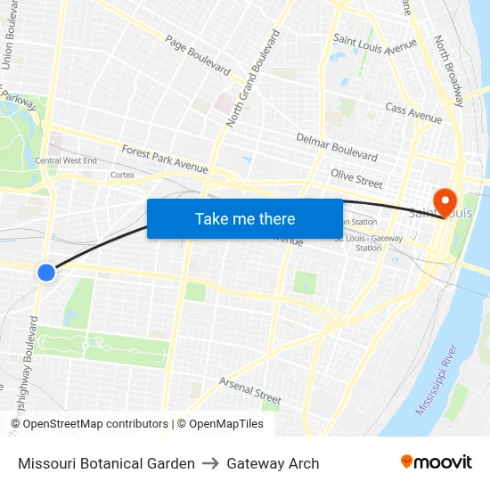 Missouri Botanical Garden to Gateway Arch map