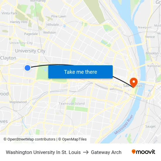 Washington University In St. Louis to Gateway Arch map